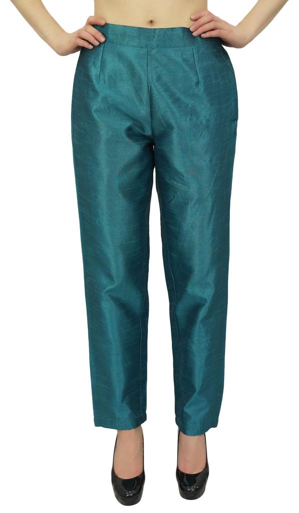 Phagun Women's Beige Dupion Pants High Waist Narrow Bottom Trousers-Large