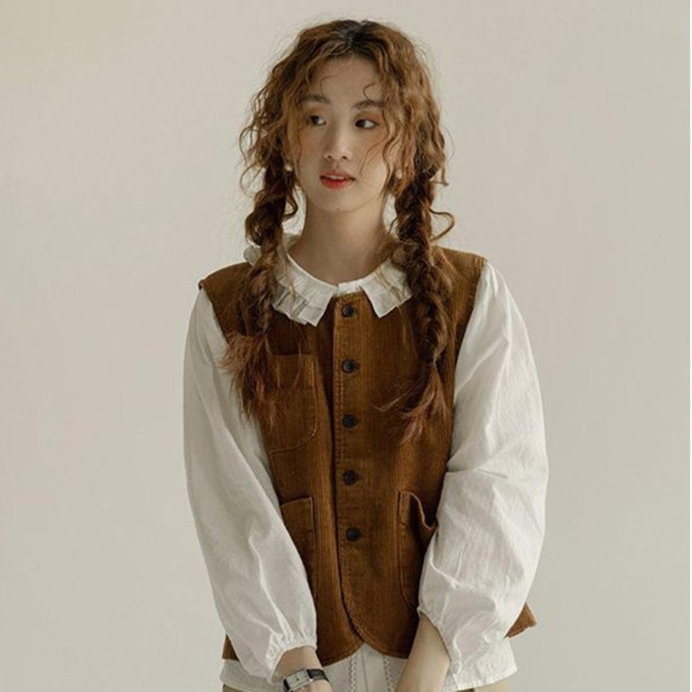 Round Neck Vintage Corduroy Vests Brown Waistcoat Women Simple Cropped Sleeveless Jacket Ladies