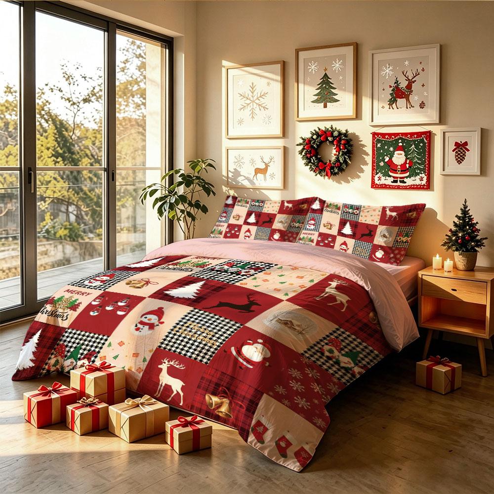 Weihnachts-Bettwäsche-Set 3-teilig Frohe Weihnachten Patchwork Gitterdruck Weiche Mikrofaser-Bettwäsche mit Kissenbezügen Dekoration