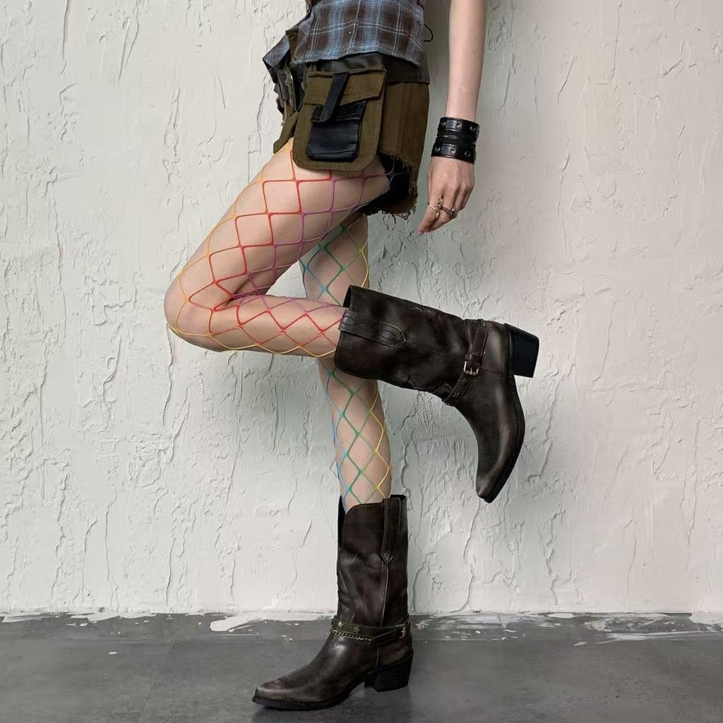 Sexy fashion RAINBOW grid women high waist stocking fishnet club tights panty knitting net pantyhose trouser mesh lingerie