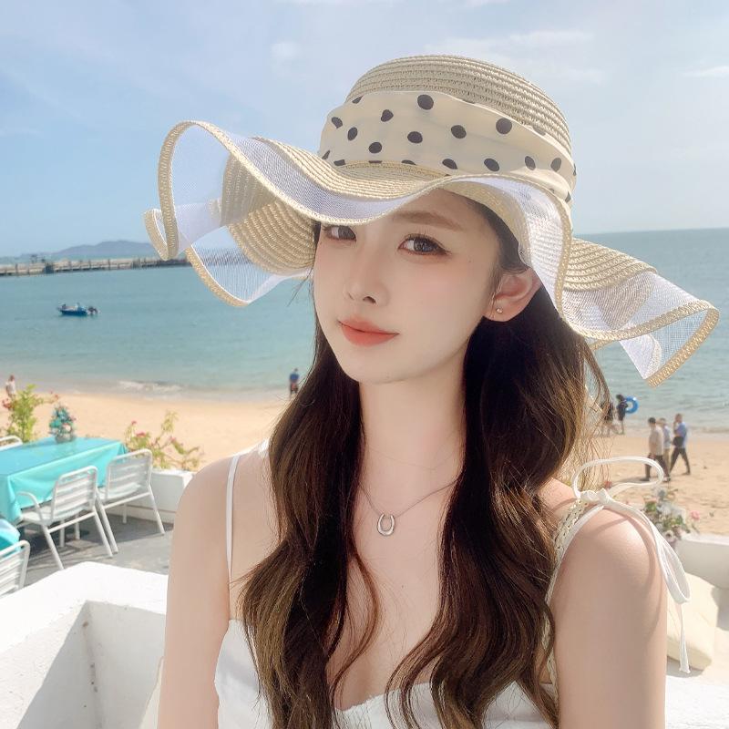 

Summer new hat women s polka dot streamer beach hat breathable straw hat sun protection sun hat travel travel sun hat One Size