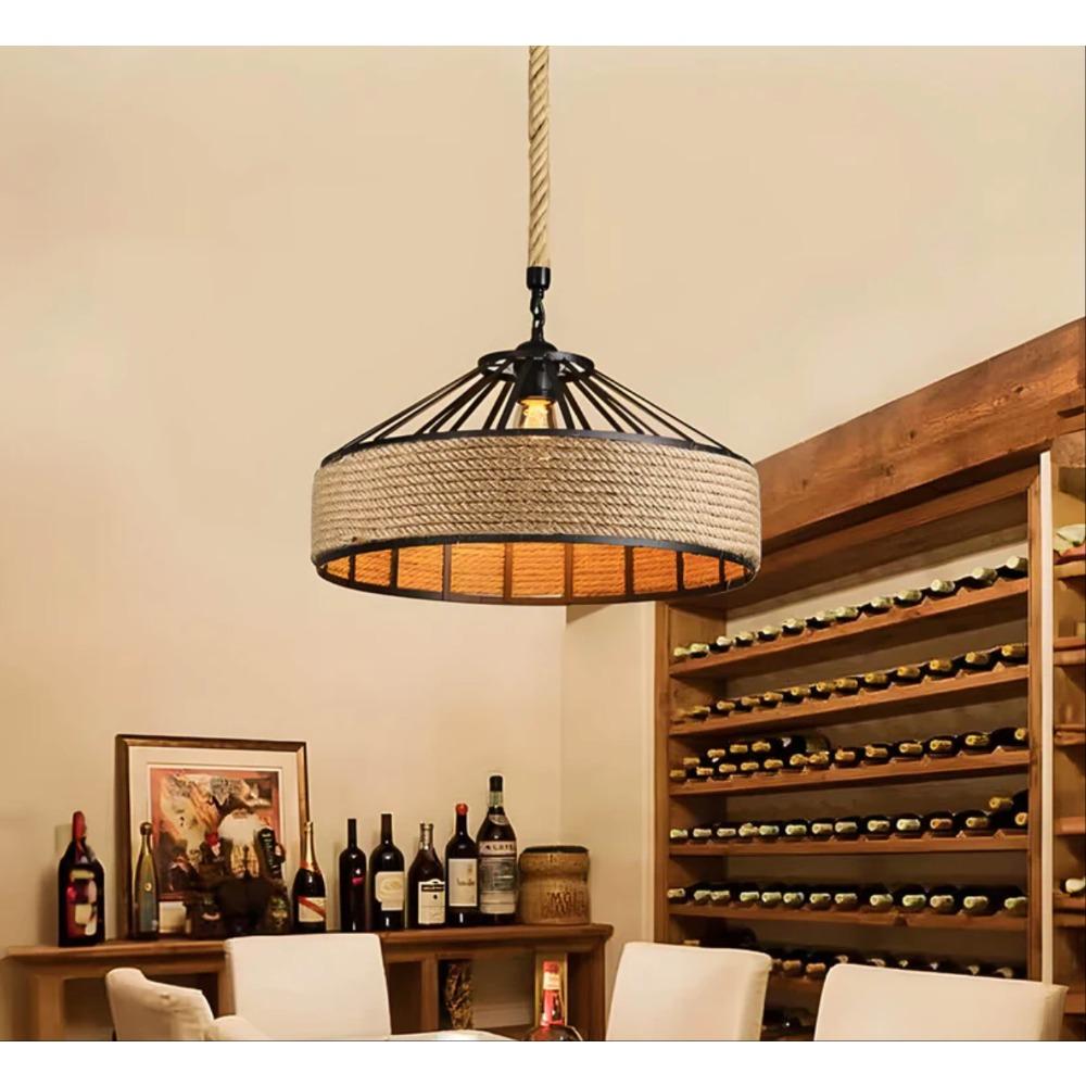 Hemp Rope Chandelier Vintage LED Pendant Light Reaturant Hanging Lamp Retro Lampshade for Living Room Home Decor