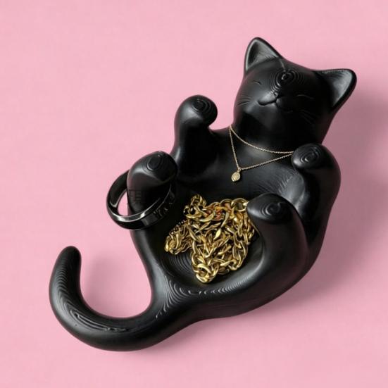 3D Printed Sculpted Black Cat Tray Cute Kitten Jewelry Trinket Dish with Hollow Belly Desktop Decorative Ring Holder for Earrings Bracelets Necklaces