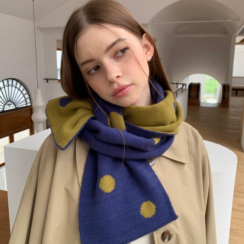 Korean Retro Double-sided Polka Dot Knitted Scarf Female Autumn and Winter Warm Student Versatile Atmosphere Scarf Wholesale
