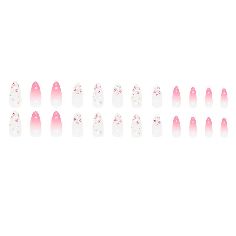 24pcs Flower Almond Nail Pink Tender Gradient Floral Nail Art, Spring Romantic Fake Nail Product, Medium Long Wearing Nail