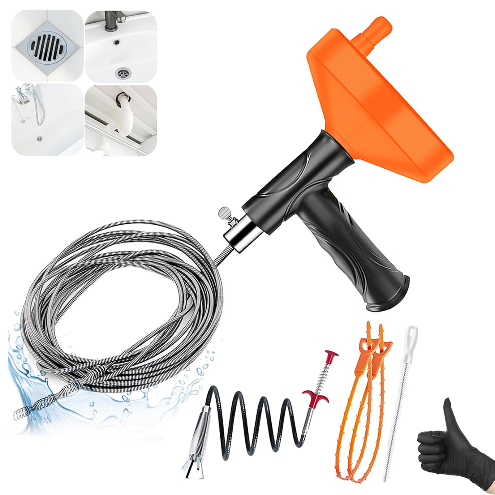 

Pipe Cleaner Wire 10m A wire brush for cleaning drainpipes and Easy to Clears clogs in and Screw rotation mechanism for easy Set drains. use. drains, оранжевый
