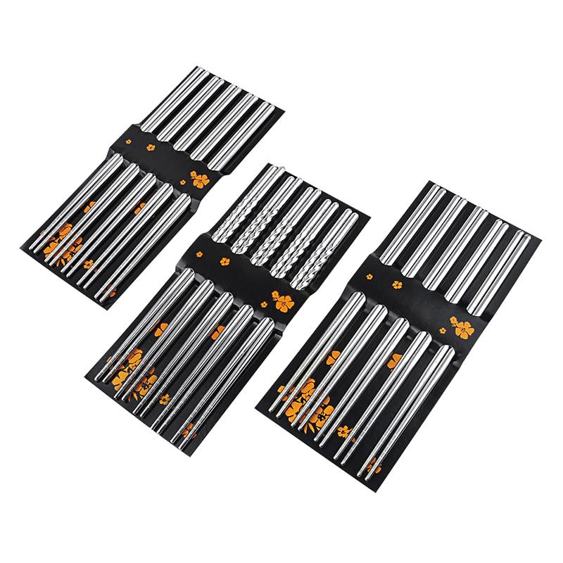5 Pairs Metal Non-slip Design Stainless Steel Square Chopsticks Chinese Stylish Healthy Light Weight Chinese Chopsticks