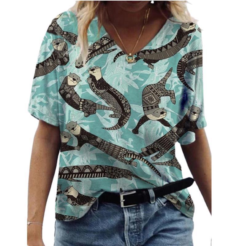 Women's T-shirt 3D Pattern Printed Casual Short Sleeved V-Neck Top Fashionable Street Women's Clothing