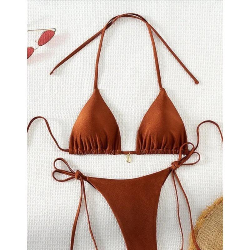 Sexy Pure Color Bikini Set with Strap Ne Hanging Pad Metal Bule Two-Piece Swimsuit Triangular Design Polyester Nylon Mate...