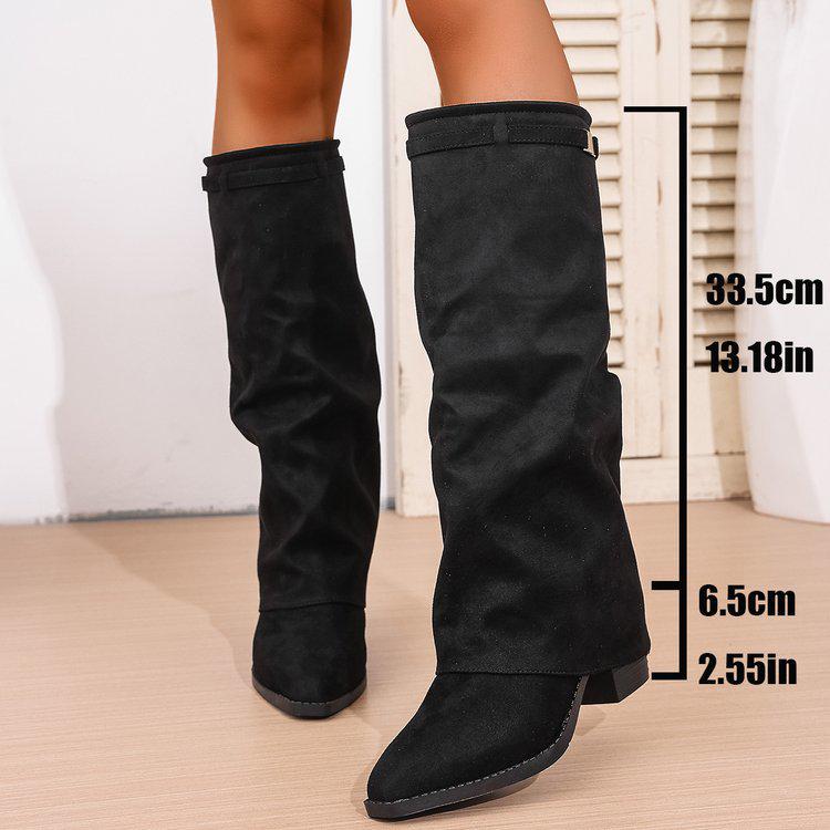 2025 Autumn British Style Ruched Knee-High Chunky Heel Fashion Boots for Women In Plus Sizes