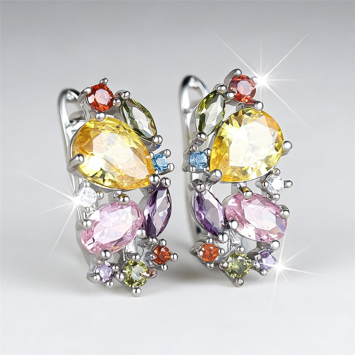 

Crystal Rainbow Zircon Stone Hoop Earrings For Women Vintage Silver Color Wedding Jewelry