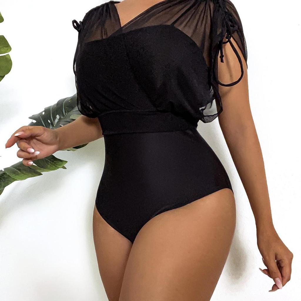 Shencai Sexy Europäischer & Amerikanischer Stil High Waist Einfarbig Jumpsuit mit Mesh V-Ausschnitt Oberteil, Hot Item X08