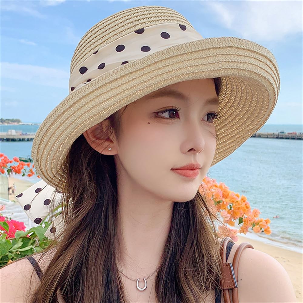 Actress Hat for UV Foldable Straw Polka Dot Cute Face Slimming Popular Straw Sunburn Swimming [Lhyxuuk] Women, Protection, Hat, Hat, Pattern, Ribbon,