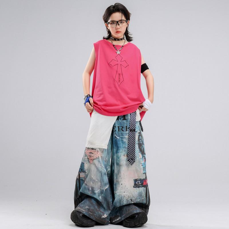 Kids Hip Hop Dance Outfit Set Boys Girls - Sleeveless Pink Top Navy Blue Pants With Accessories