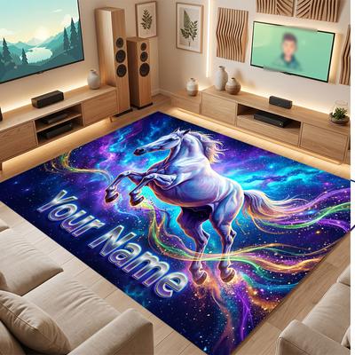 Horse Theme Soft Crystal Velvet Rug Custom Name & Text Print Non Slip Floor Rug for Bedroom Living Room