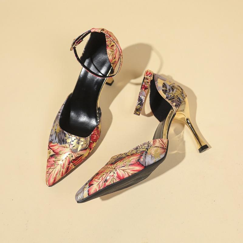 

Модные весенние новые сандалии-баотоу для женщин, модные остроносые с мелким вырезом, с принтом, нескользящие, износостойкие, на высоком каблуке 42 арбуз красный