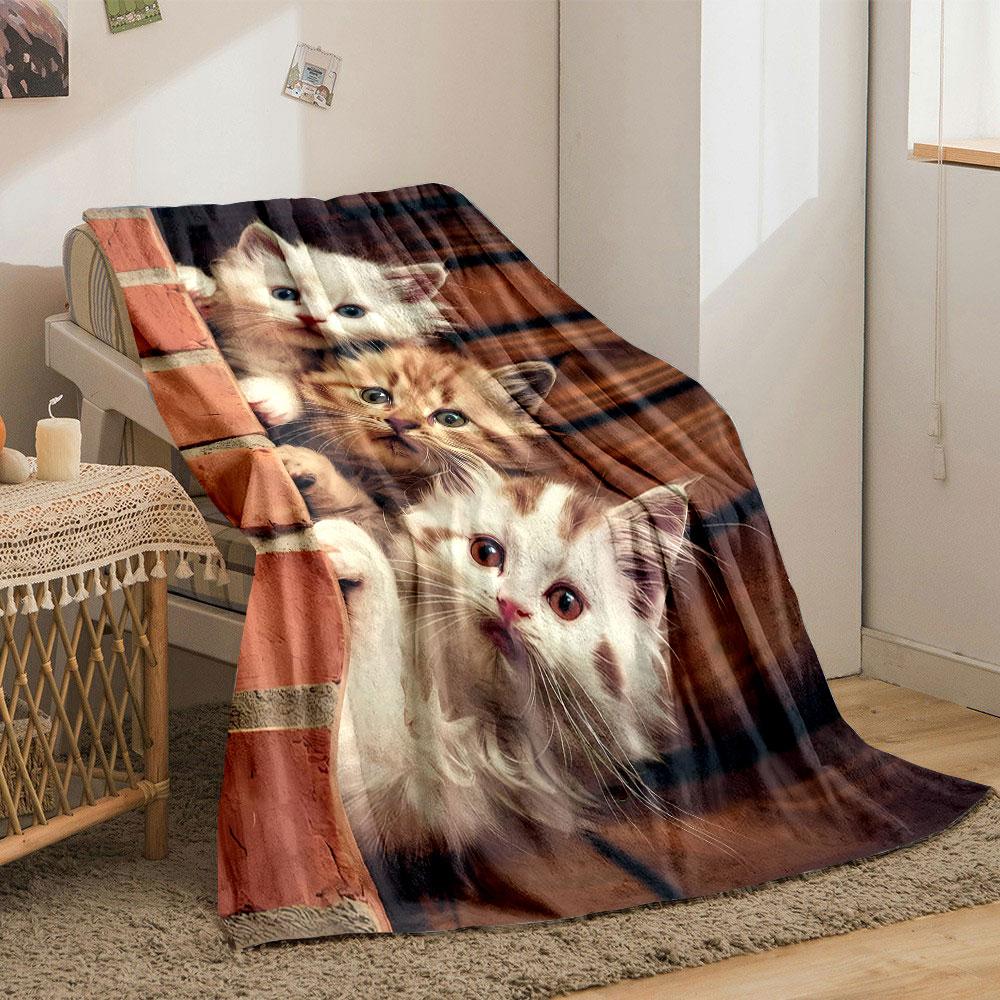 Adorable Plush Cat Print Blanket bedroom Blanket for Livingroom Couch lunch break Soft throw for Friend's festival Gift