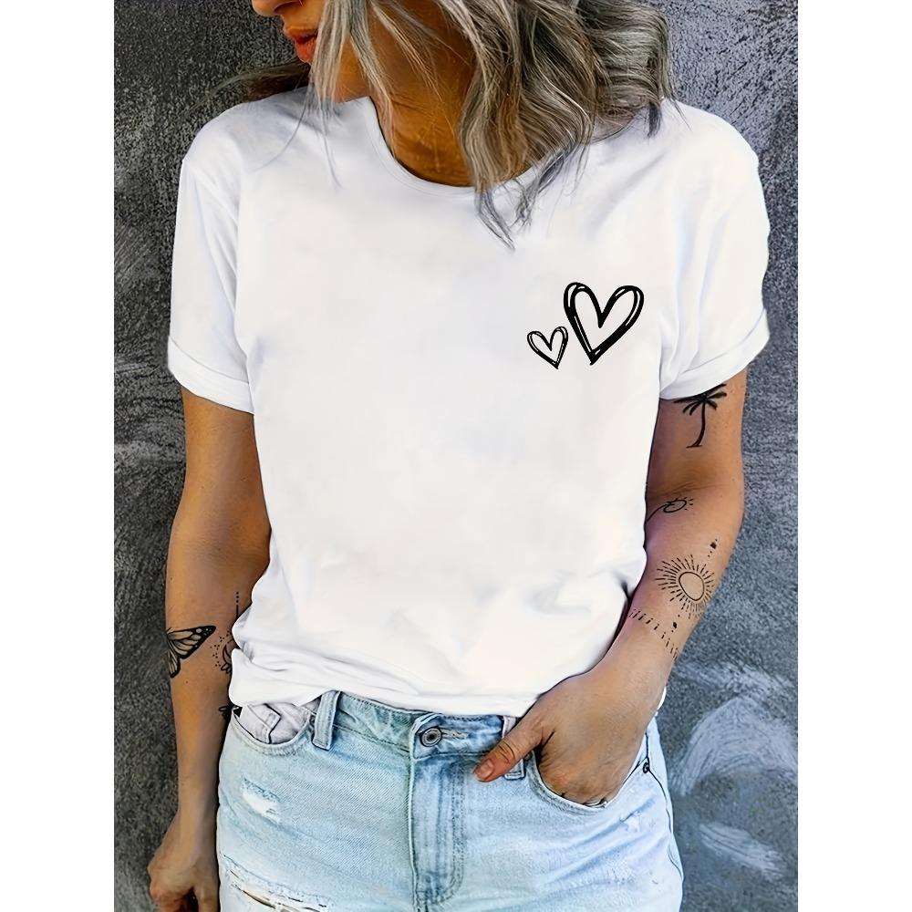 Fabric with White Hearts Fit Round Neck Summer Sports Casual Attire Women's Casual Sleeve T-Shirt Breathable Aesthetic Clothes