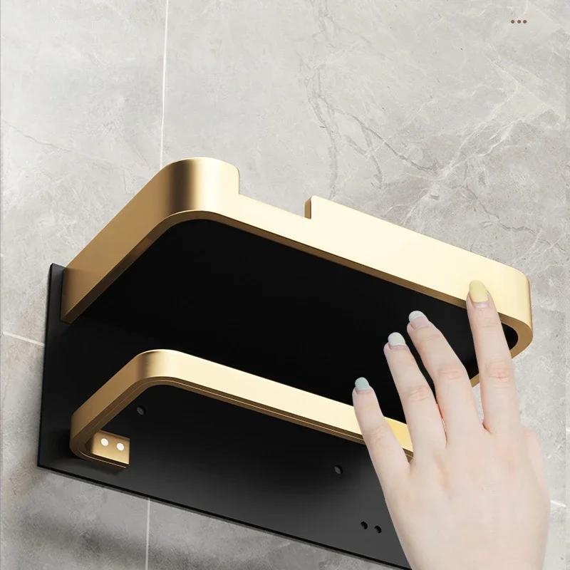 Black Gold Toilet Paper Holder Bathroom Wall Mount Multifunction WC Paper Phone Holder Shelf Towel Roll Shelf Accessories