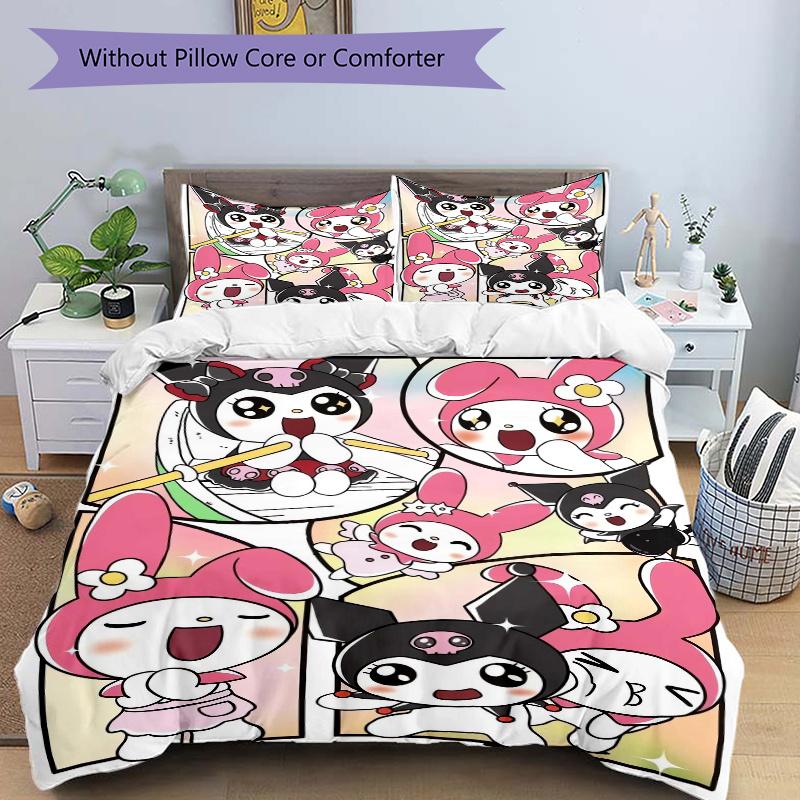3pcs Kuromi & My Melody Sanrio Bedding Set, Including 1 Quilt Cover and 2 Pillow Shams, Without Filling, Soft and Comfortable Home Bedroom W050
