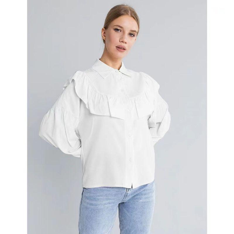 

Fashion Style New Arrival Ruffles Shirt Temperament Wild Solid Color Shirt Temperament Ruffle Shirt White S