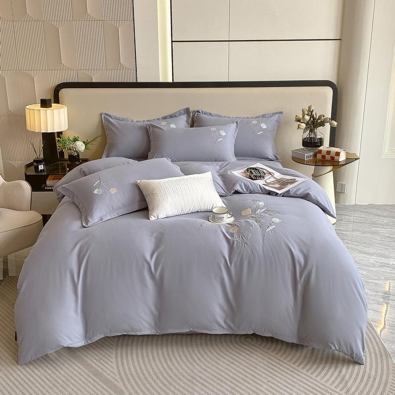 Home Textile Solid Color Embroidery Bedding Four-Piece Set Of Polished Washed Cotton Class A Maternal And Infant Grade Quilt Cover Sheets