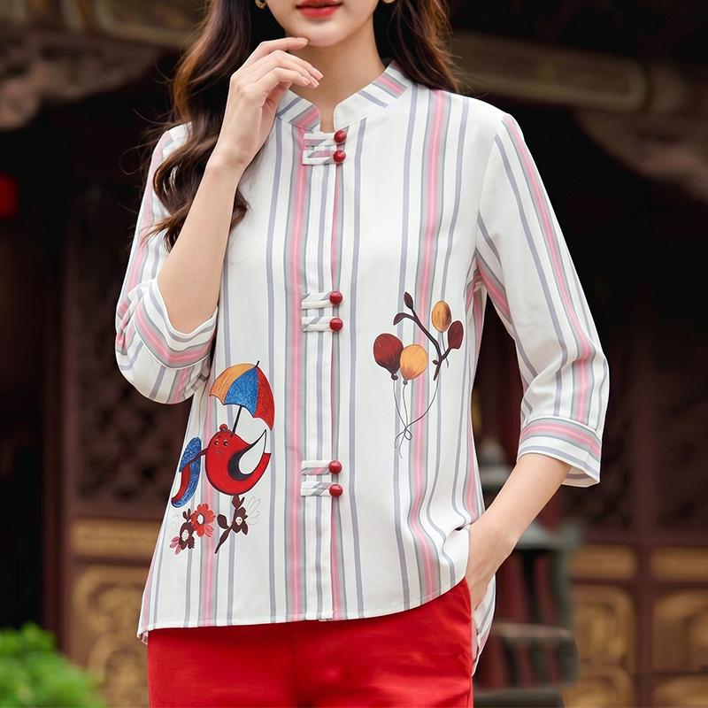 ZANZEA Women Casual Round Neck 3/4 Sleeve Loose Stripe Print Blouse S розовый