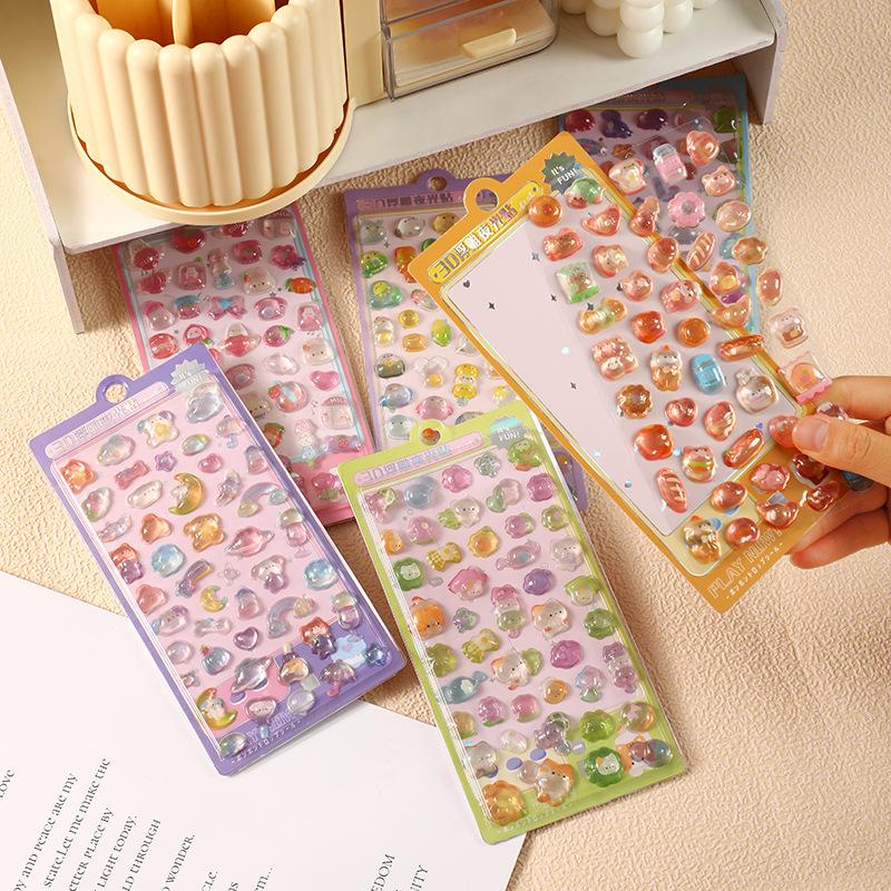 3/6pcs 3D Relief Sticker Kawaii Cartoon Cute Crystal Jelly Patch for Scrapbook Album Journal Animal Design DIY Decoration TMZ