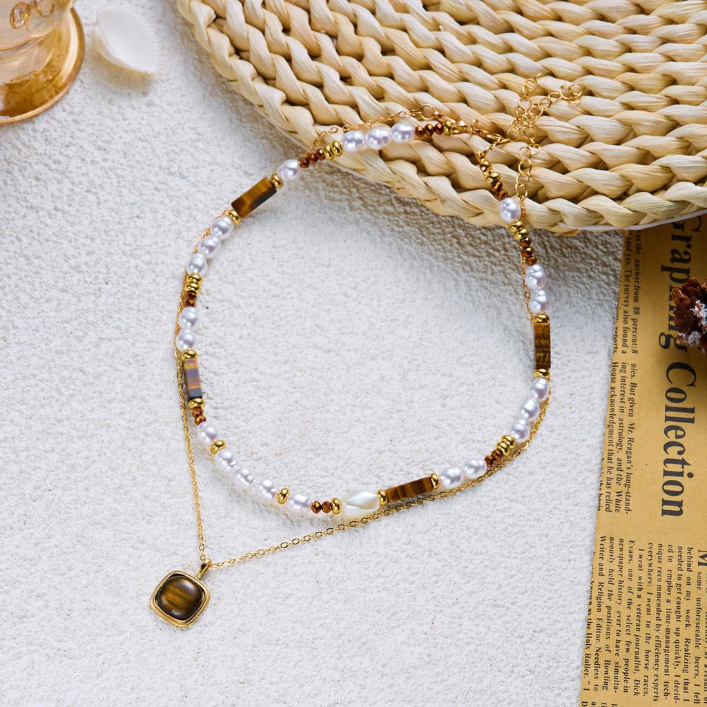 SHEIN Hot-selling New Tiger's Eye Stone Necklace, European and American Fashion Natural Stone Beaded Collarbone Chain, Neck Chain Jewelry.