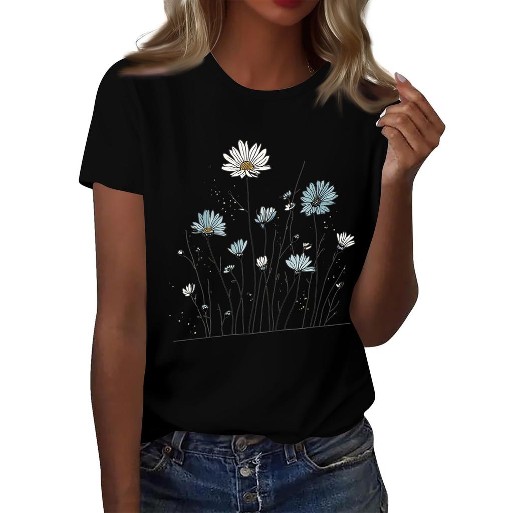 Women's Fashion Casual Printed Round Neck Short Sleeved T-Shirt Top T-Shirt Top Top