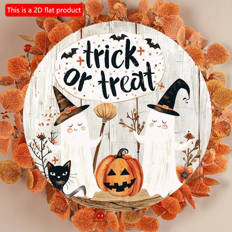 2d Flat 20*20cm, Halloween Home Decoration, Halloween Pumpkin, Black Cat and Ghost, "trick or Treat" Wooden Circular Logo, for Home, Garden, Kitchen