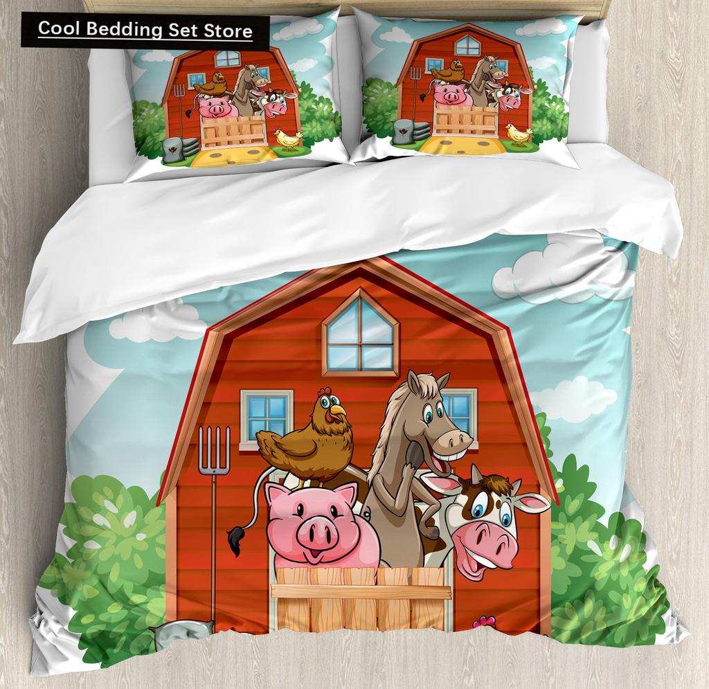 Bauernhof Tiere König Königin Bettbezug Cartoon Bauernhaus Kuh Schwein Ente Bettwäsche Set für Jungen Mädchen Schaf Grün Polyester Bettdeckenbezug