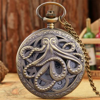 Retro Bronze Oktopus Quarz Taschenuhr mit Halskettenkette Geschenk für Männer Frauen