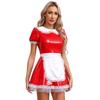 Womens Maid Cosplay Dress Patent Leather A Line Design Doll Collar Puff Sleeve Ruffle Lace Masquerade Outfit