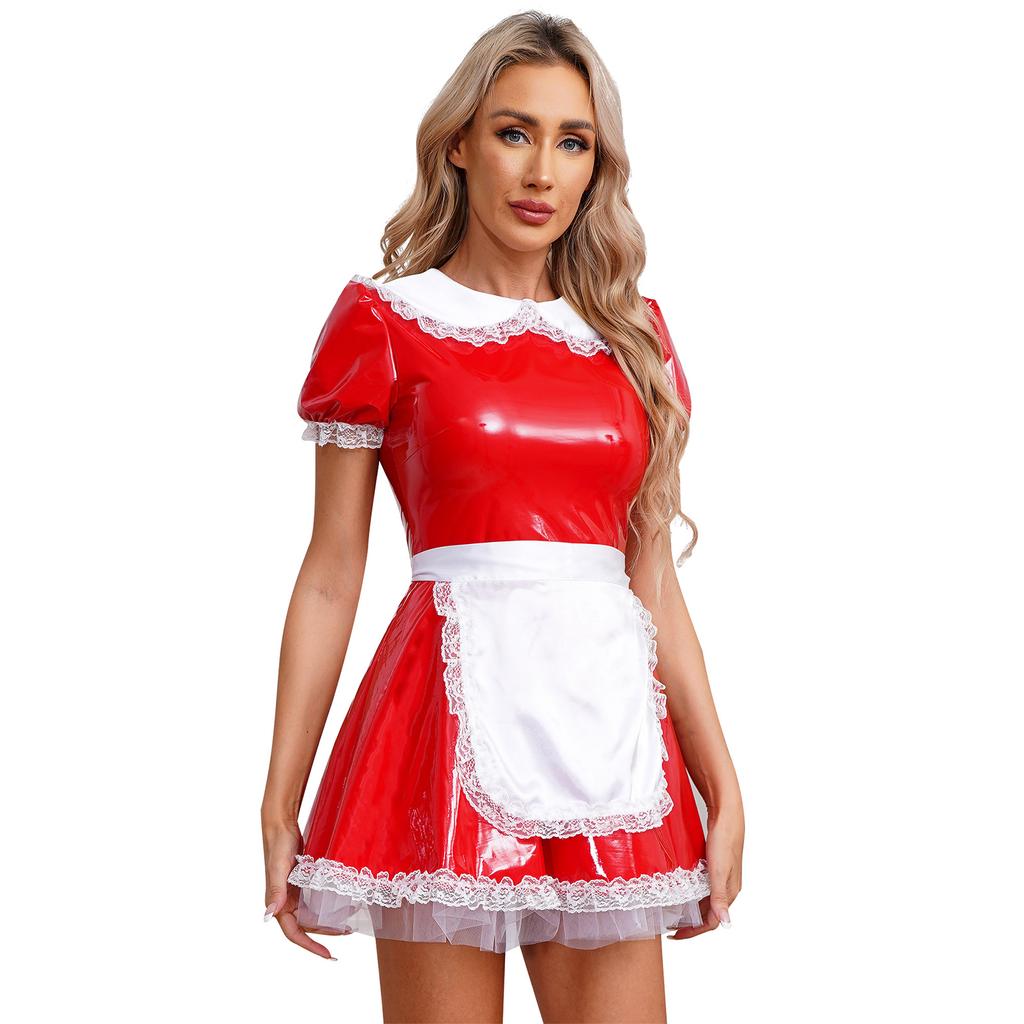 Womens Maid Cosplay Dress Patent Leather A Line Design Doll Collar Puff Sleeve Ruffle Lace Masquerade Outfit