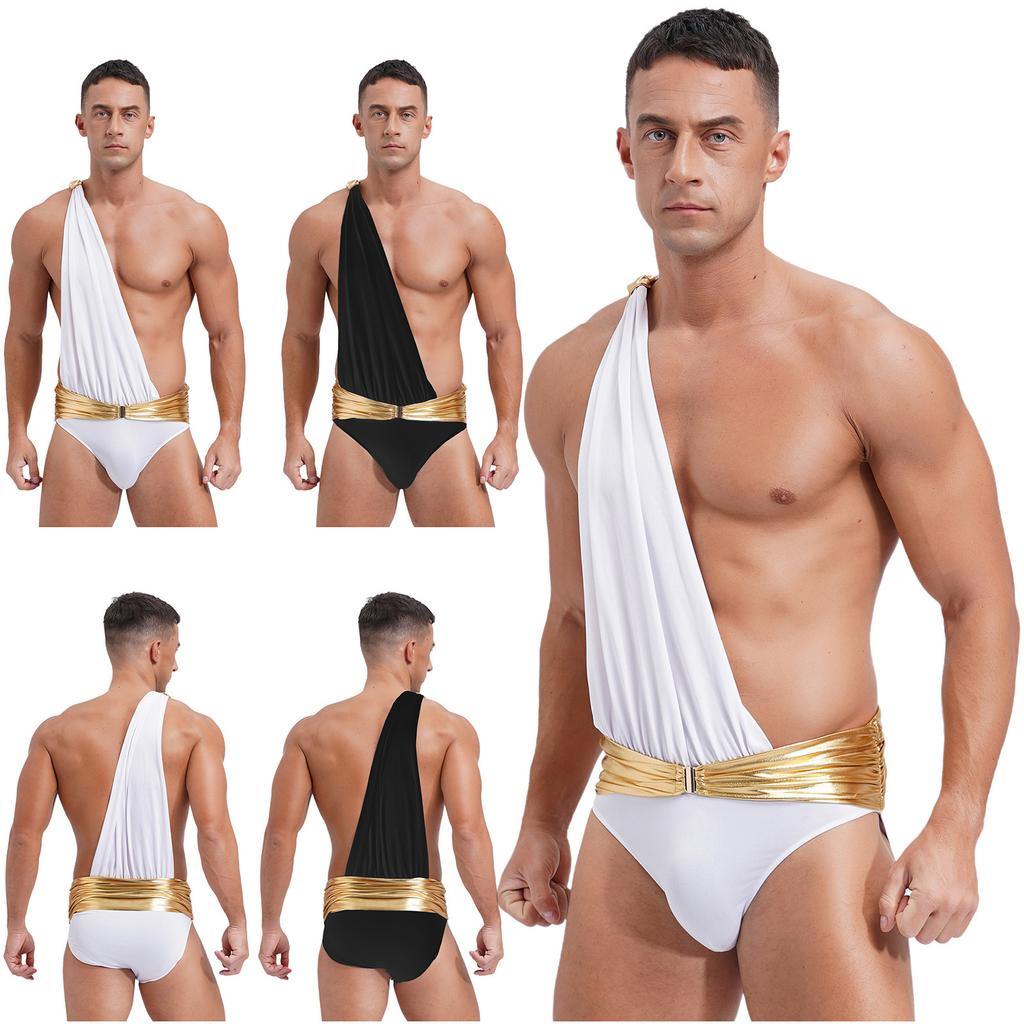 Mens Ancient Greek Roman One Shoulder Metallic Belt Briefs Toga Jumpsuit