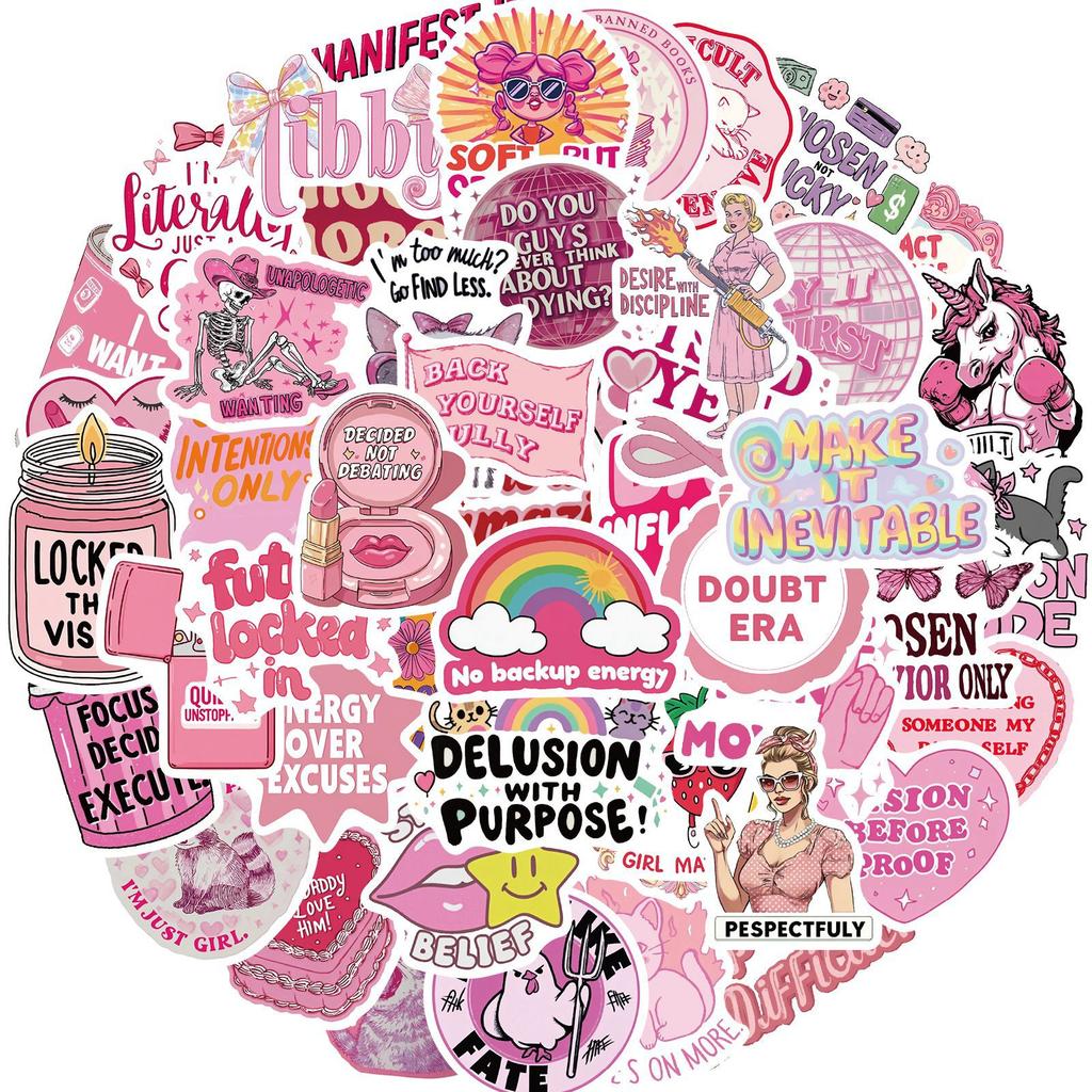 50 Pieces of Pink Fun Stickers for DIY Decoration of Handbooks, Phone Cases, Computer Posters, PVC Waterproofing