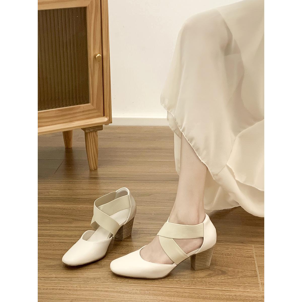 

High heels women s retro Mary Jane shoes thick heel square head cross strap gentle matching skirt versatile single shoes beige 35
