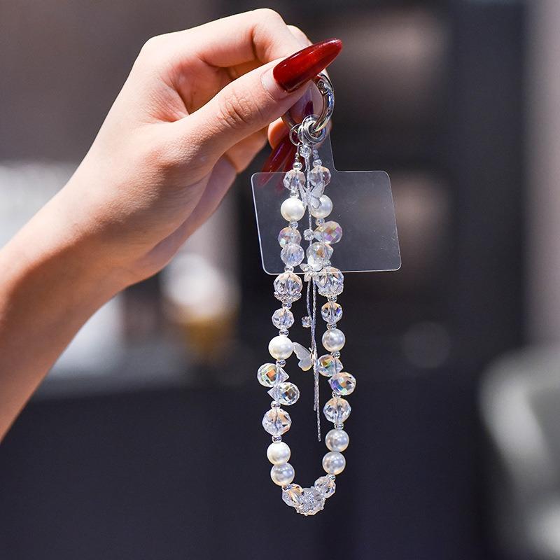 For Cell Phone Short Crystal Lanyard Strap Pearl Pendant Handmade Beads Chain Anti-Lost Hand Rope Fashion Light Ornament