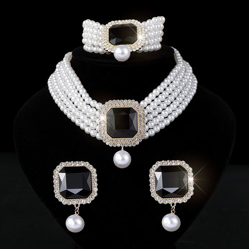 Multi-layer Imitation Pearl Crystal Earrings Bracelet Necklace Three-piece Set Bridal Luxury Full of Diamond Jewelry Women