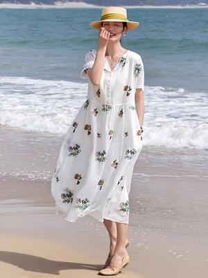 2026 Sommer Damen Weiß Bestickt Floral Leinen Strandurlaub Kleid - Locker, Fließend, Feenhaftes Design