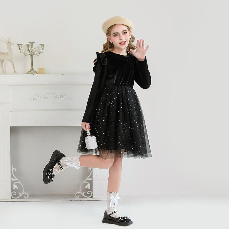 Ruffled Long-sleeved Dress Princess Performance Costume Children's Clothing Starry Sky Mesh Skirt
