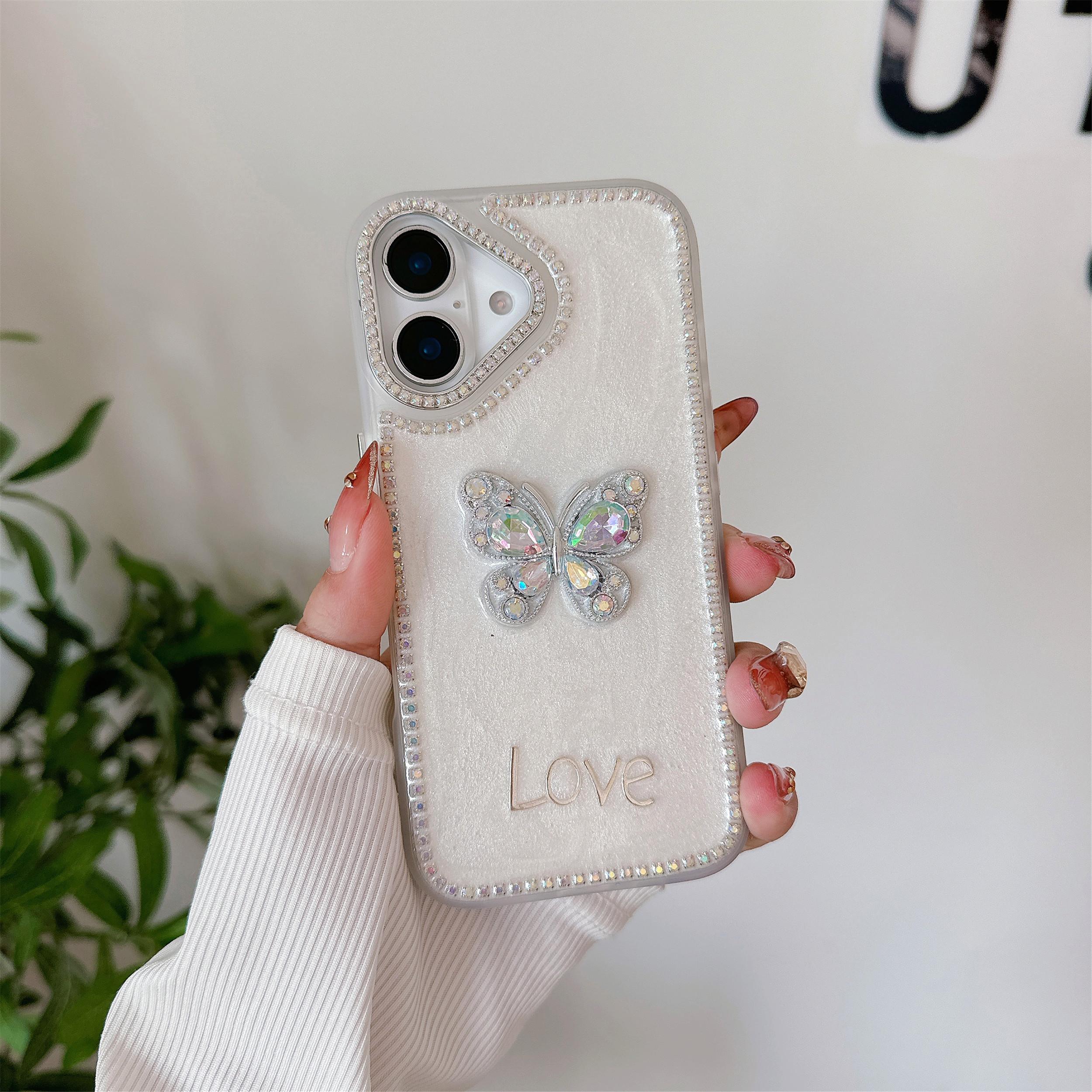 

For iPhone 16 Case Rhinestone Decor Butterfly Design TPU+PC Phone Back Cover White