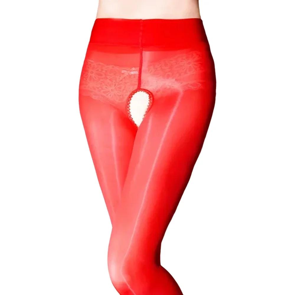 Womens Sexy Stockings Open Crotch Oil Shiny Glossy Pantyhose Seamless High-Density 912 Needle High Elastic Ultra-Thin Sockings