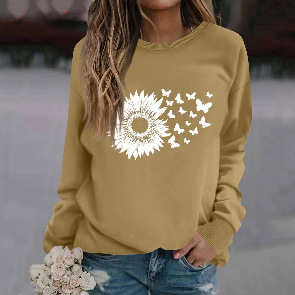 Women's Fashion Casual Long Sleeve Solid Color Printed Round Neck Top Sweatshirt