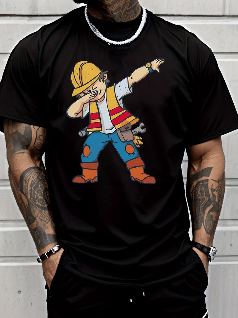 Unisexs White Summer Short Sleeve Tee Funny Dabbing Construction Worker Cartoon Print Crew Neck Loose Casual Streetwear Fashion Top