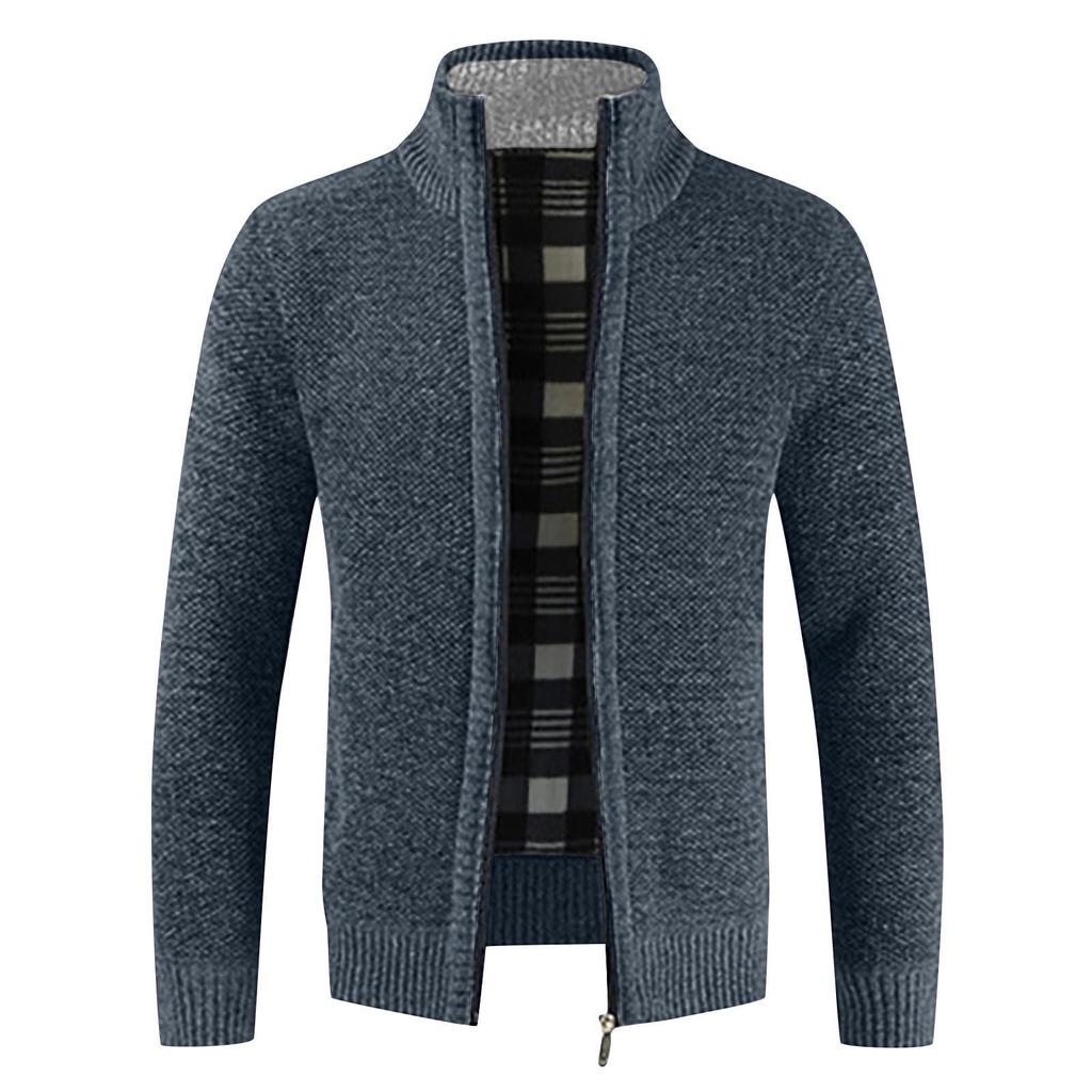 Men's Autumn and Winter Cardigan Zipper Sweater Fleece Stand-up Jacket Men's Loose Knitted Sweater Jacket Top