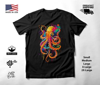 Octopus Neon Graphic T-Shirt Black Unisex S-2XL