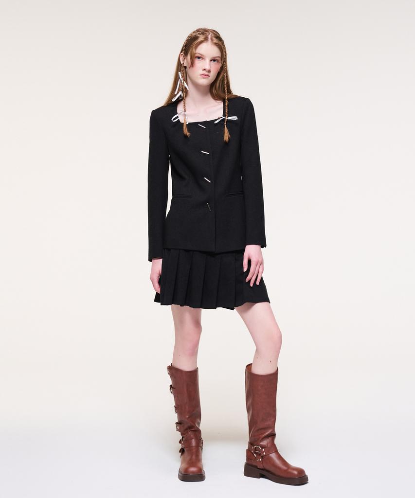 ETMON Pleats Chain Tweed Mini Skirt, Black