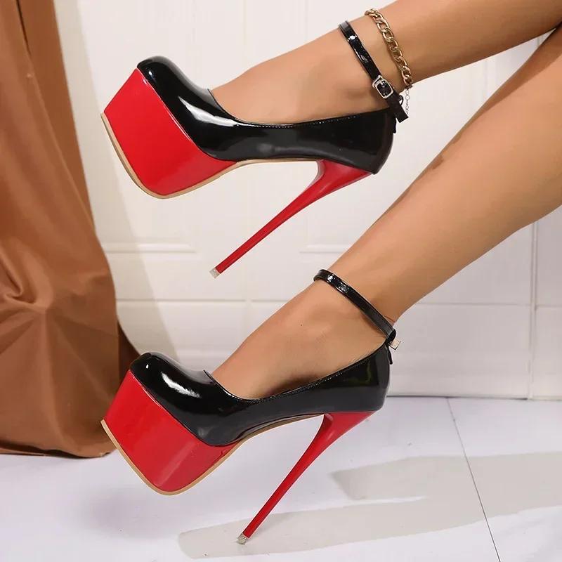 Mote Rosa Stiletthæler Pumps Kvinner Pluss Størrelse Superhøye Hæler Sko Kvinne Lakkskinn Ankelspenne Festsko 45